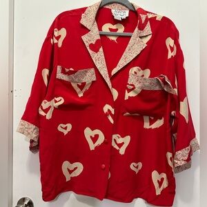 Agatha Brown Vintage Red and Cream Heart Buttoned Front Top 100% Silk Sz 10